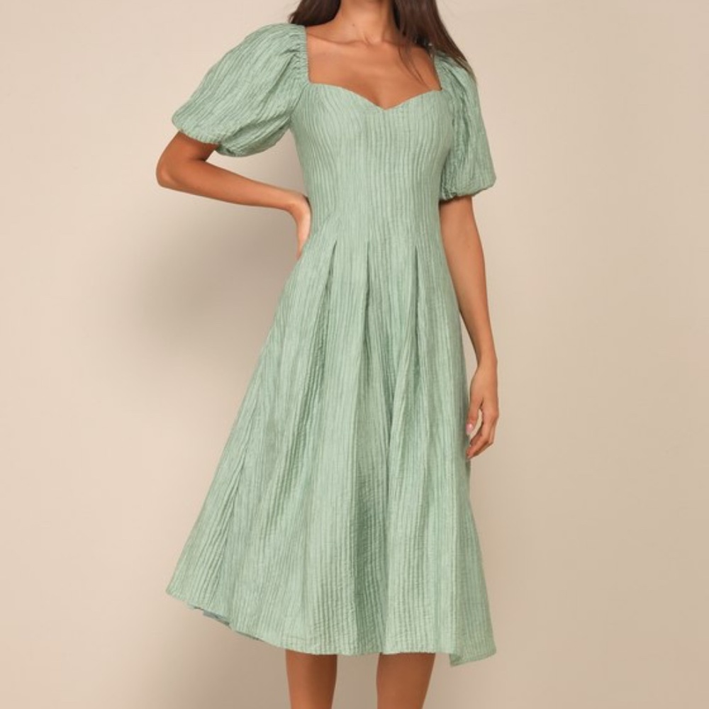 Lulus Heavenly Energy Sage Textured Puff Sleeve Pleated Midi Dress Green